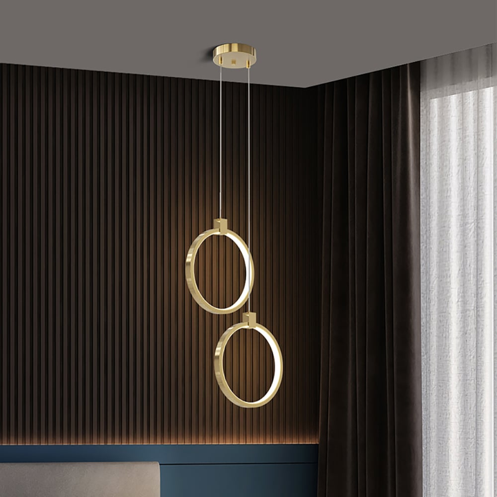 Elegante Hängelampe in Goldmessing | 2-Lichtkreis Pendelleuchte für Esszimmer und Wohnzimmer, Warmweißes Licht, Verstellbare Aufhängung-1