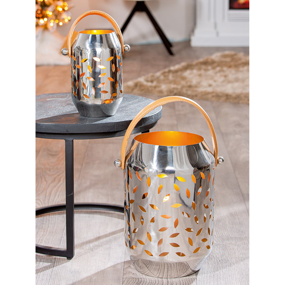 Windlicht-Set Leafy – Edelstahl-Laternen in Silber & Braun mit Kunstledergriff, 2 Größen