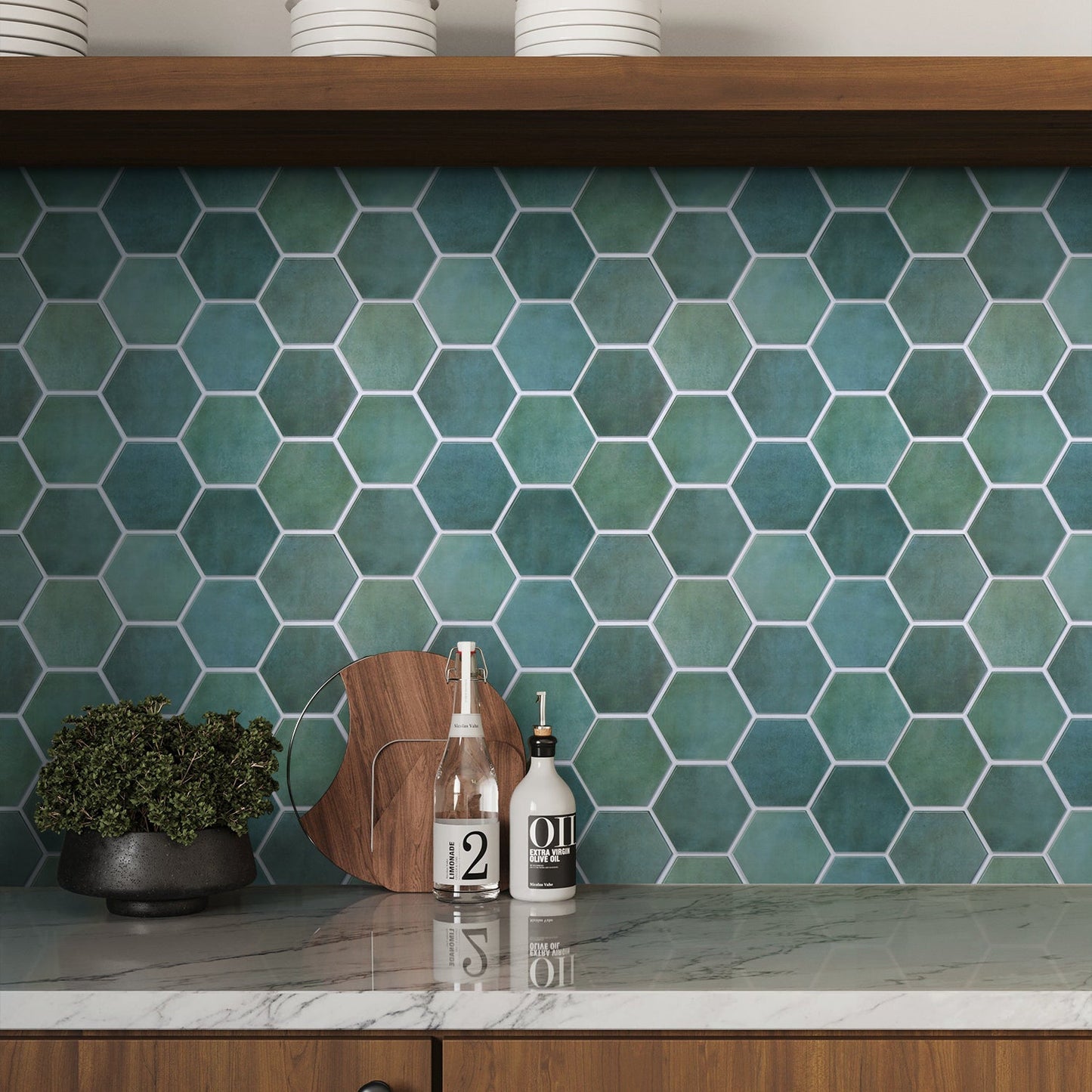 3D Patina Grün Hexagon Wandfliesen | Selbstklebende Fliesen 1