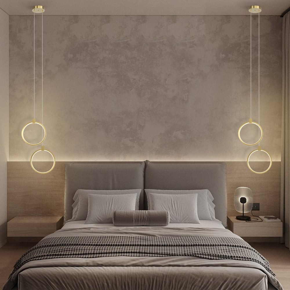 Elegante Hängelampe in Goldmessing | 2-Lichtkreis Pendelleuchte für Esszimmer und Wohnzimmer, Warmweißes Licht, Verstellbare Aufhängung-4