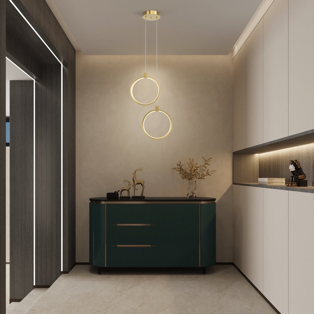 Elegante Hängelampe in Goldmessing | 2-Lichtkreis Pendelleuchte für Esszimmer und Wohnzimmer, Warmweißes Licht, Verstellbare Aufhängung-2