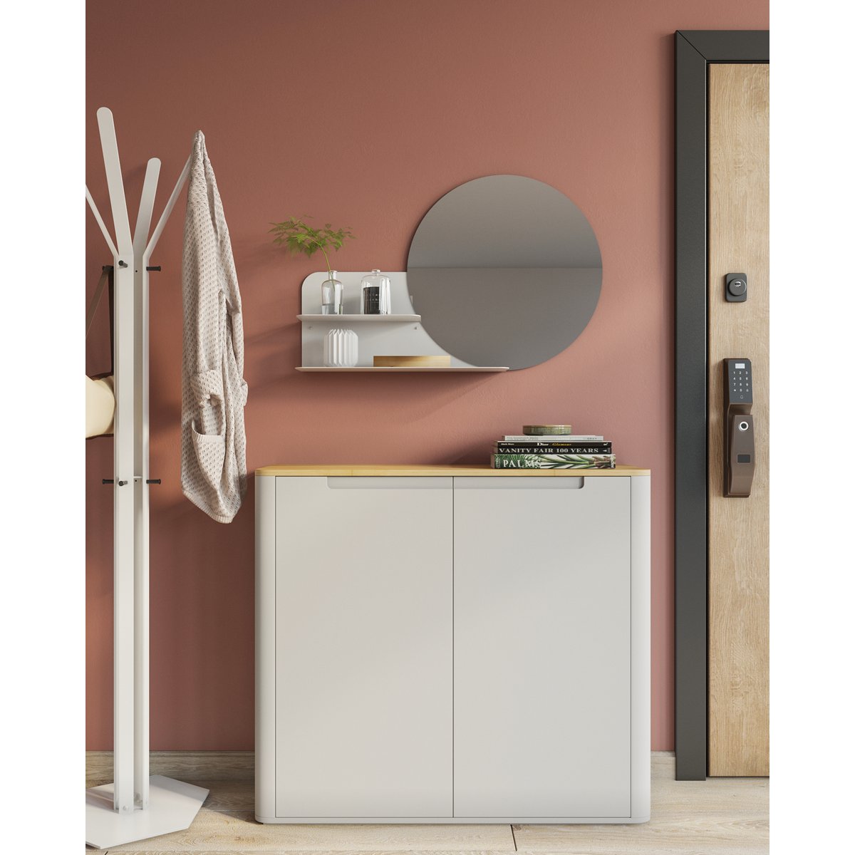 Gorillz Clever Wandspiegel – Runder Spiegel mit 2 Ablageflächen, Ø 52 cm, aus recyceltem Stahl, nachhaltig & modern