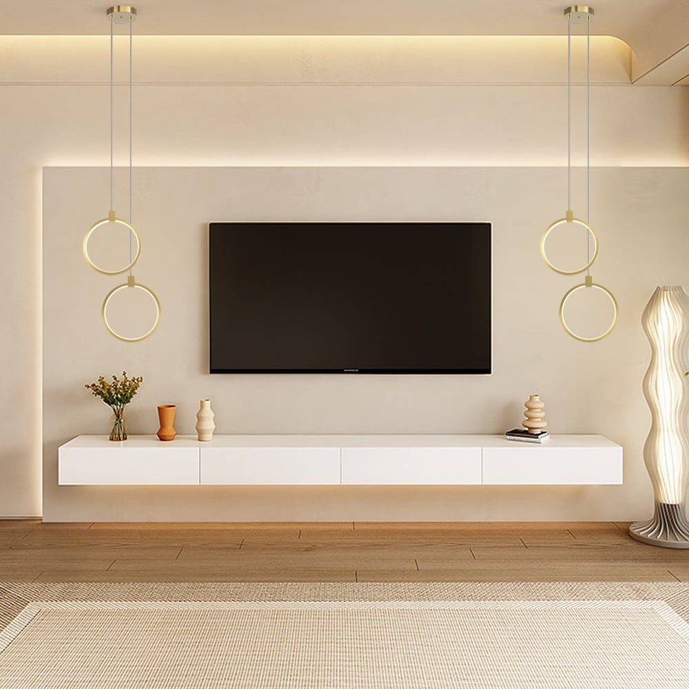 Elegante Hängelampe in Goldmessing | 2-Lichtkreis Pendelleuchte für Esszimmer und Wohnzimmer, Warmweißes Licht, Verstellbare Aufhängung-3