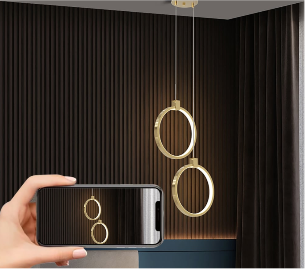 Elegante Hängelampe in Goldmessing | 2-Lichtkreis Pendelleuchte für Esszimmer und Wohnzimmer, Warmweißes Licht, Verstellbare Aufhängung-5