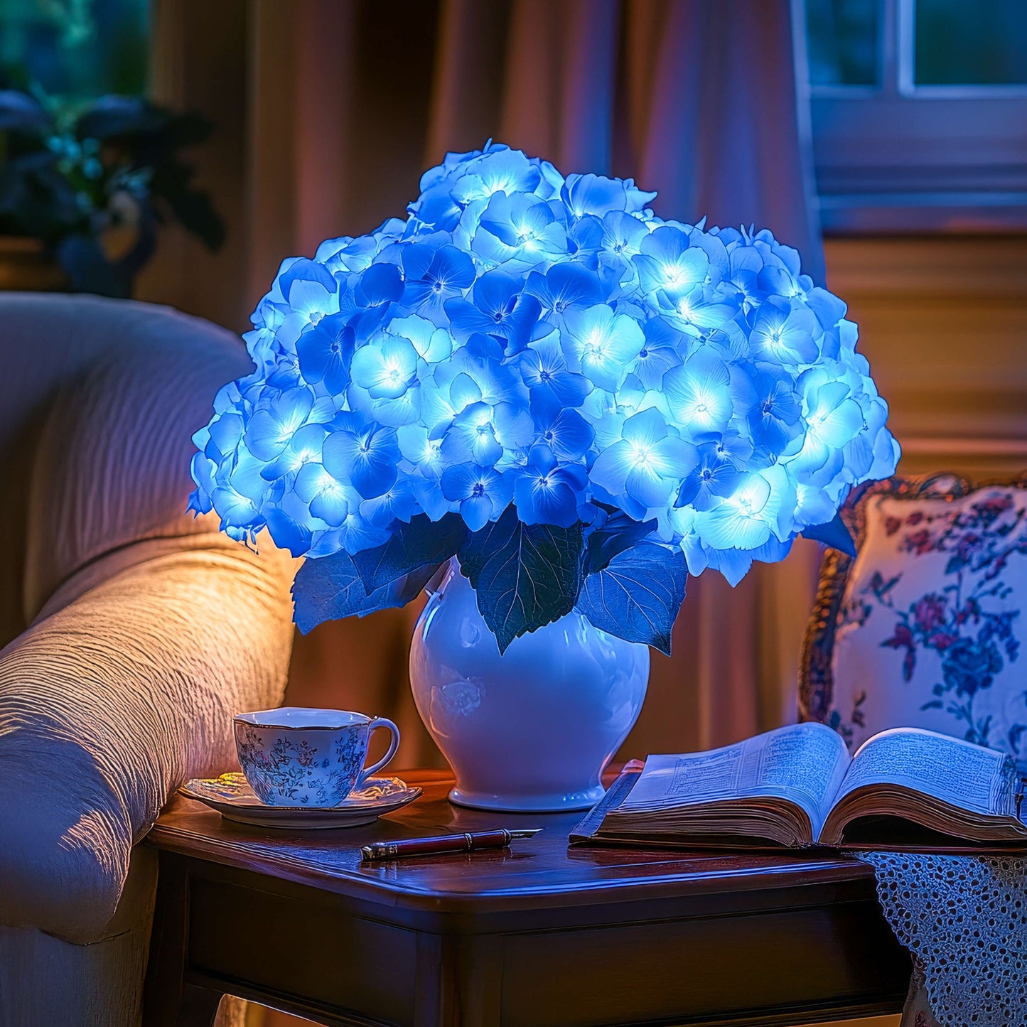 Azurblaue Blüten Lampe | LED Hortensie Deko Tischleuchte 2