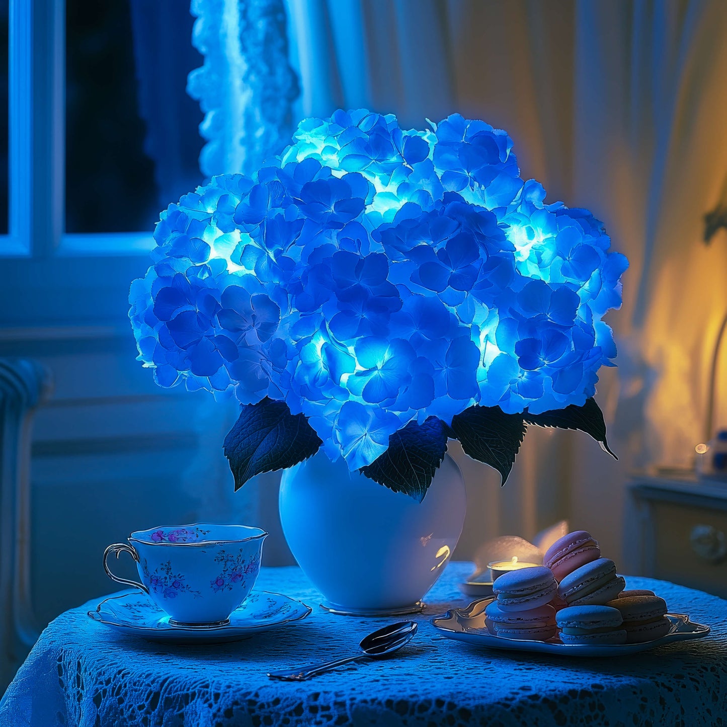 Azurblaue Blüten Lampe | LED Hortensie Deko Tischleuchte 4