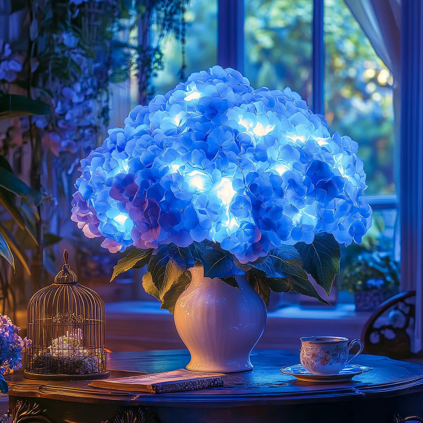 Azurblaue Blüten Lampe | LED Hortensie Deko Tischleuchte 5
