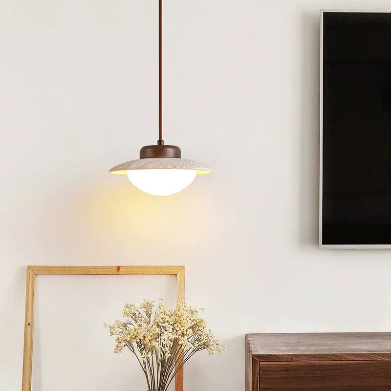 Elegante Pendelleuchte aus Stein und Holz | Vintage Hängelampe mit LED-Beleuchtung für Esszimmer und Wohnzimmer – D20cm H13cm-5