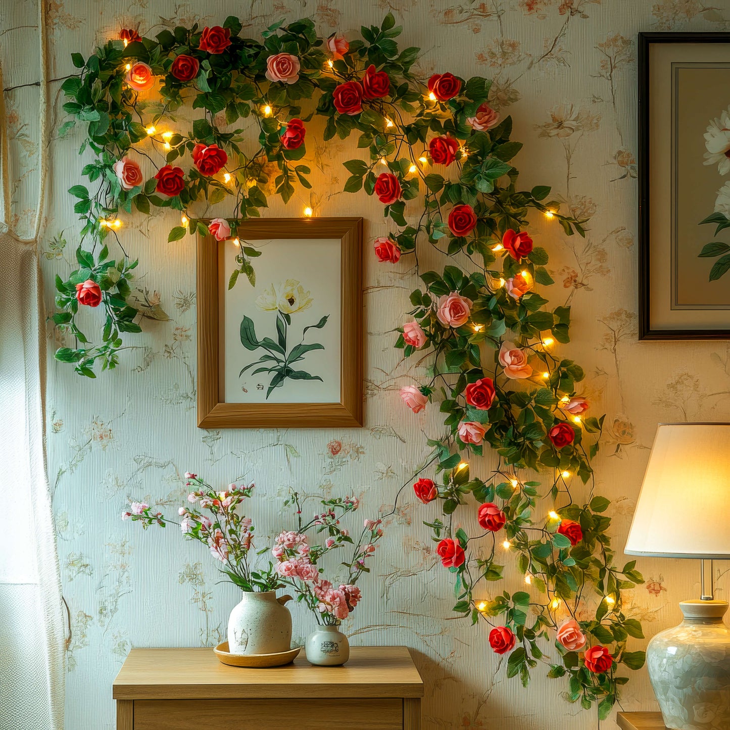Blütenglühgirlande | LED Lichterkette mit Rosen 5m 50 LEDs 3