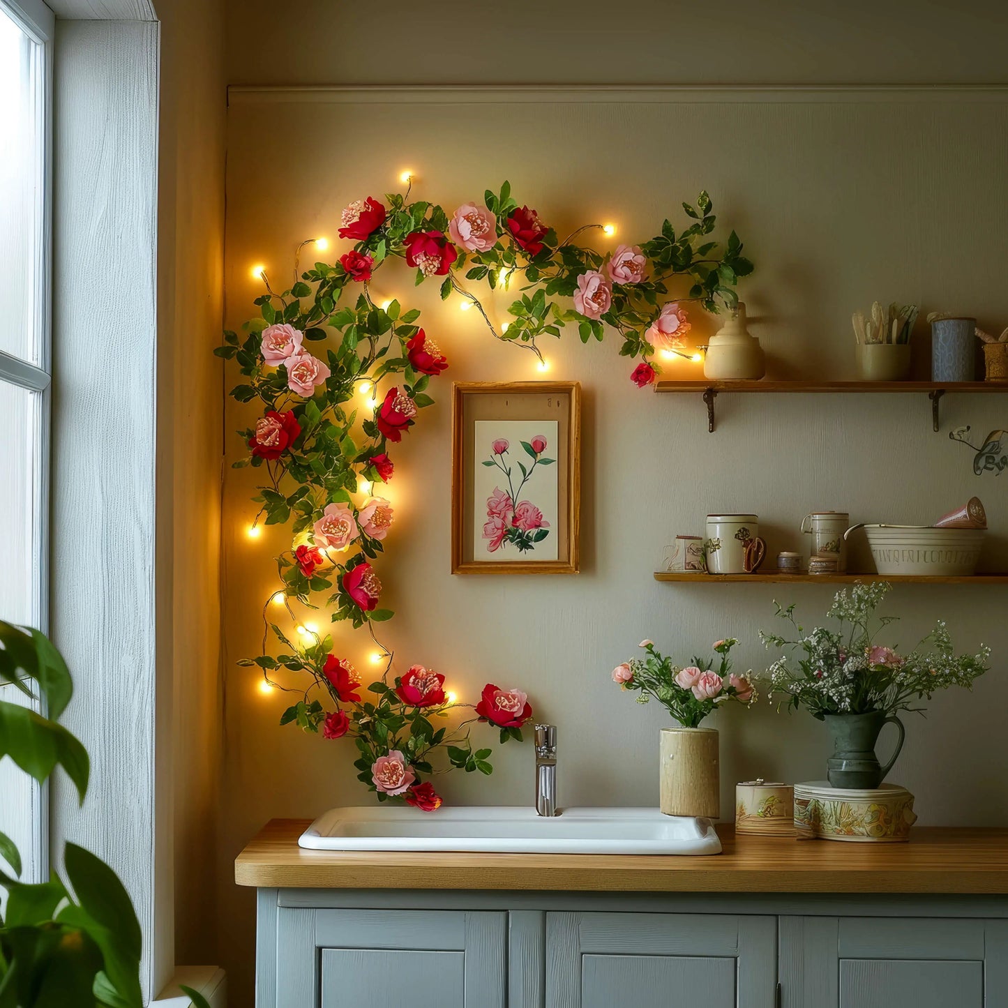 Blütenglühgirlande | LED Lichterkette mit Rosen 5m 50 LEDs 5