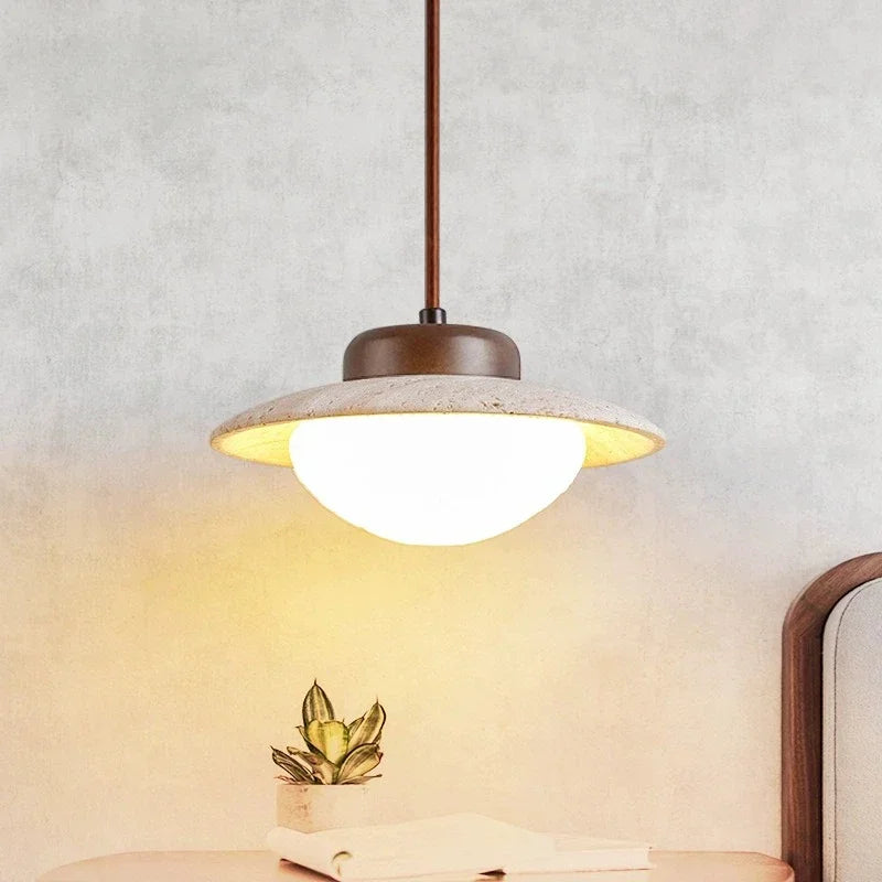 Elegante Pendelleuchte aus Stein und Holz | Vintage Hängelampe mit LED-Beleuchtung für Esszimmer und Wohnzimmer – D20cm H13cm-1