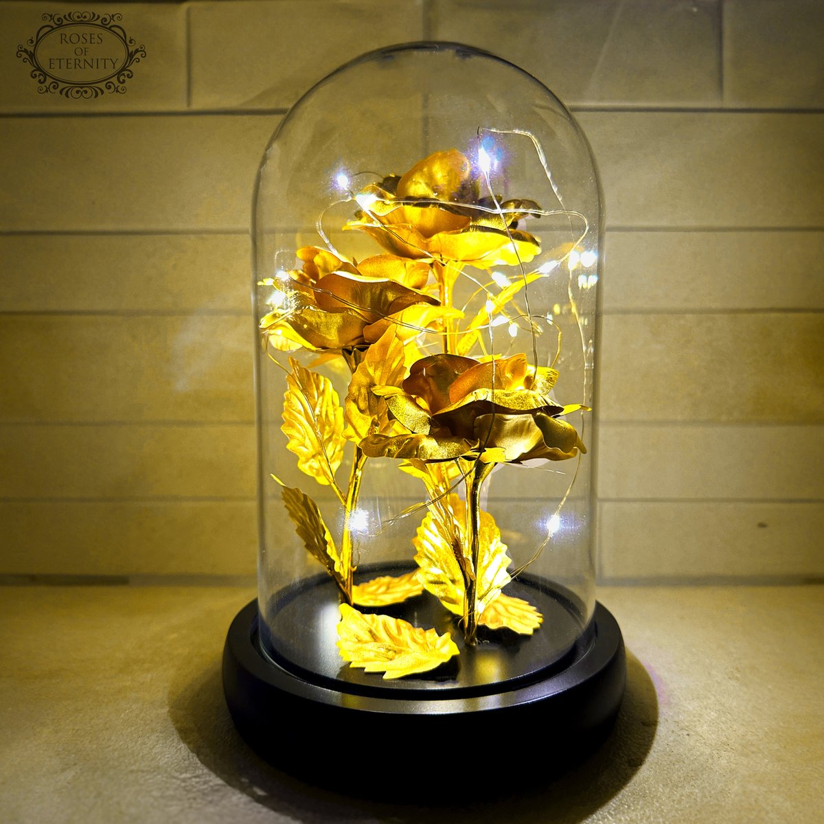 Ewige Rose | Goldene Kunstblume in Glaskuppel mit LED-Deko 7