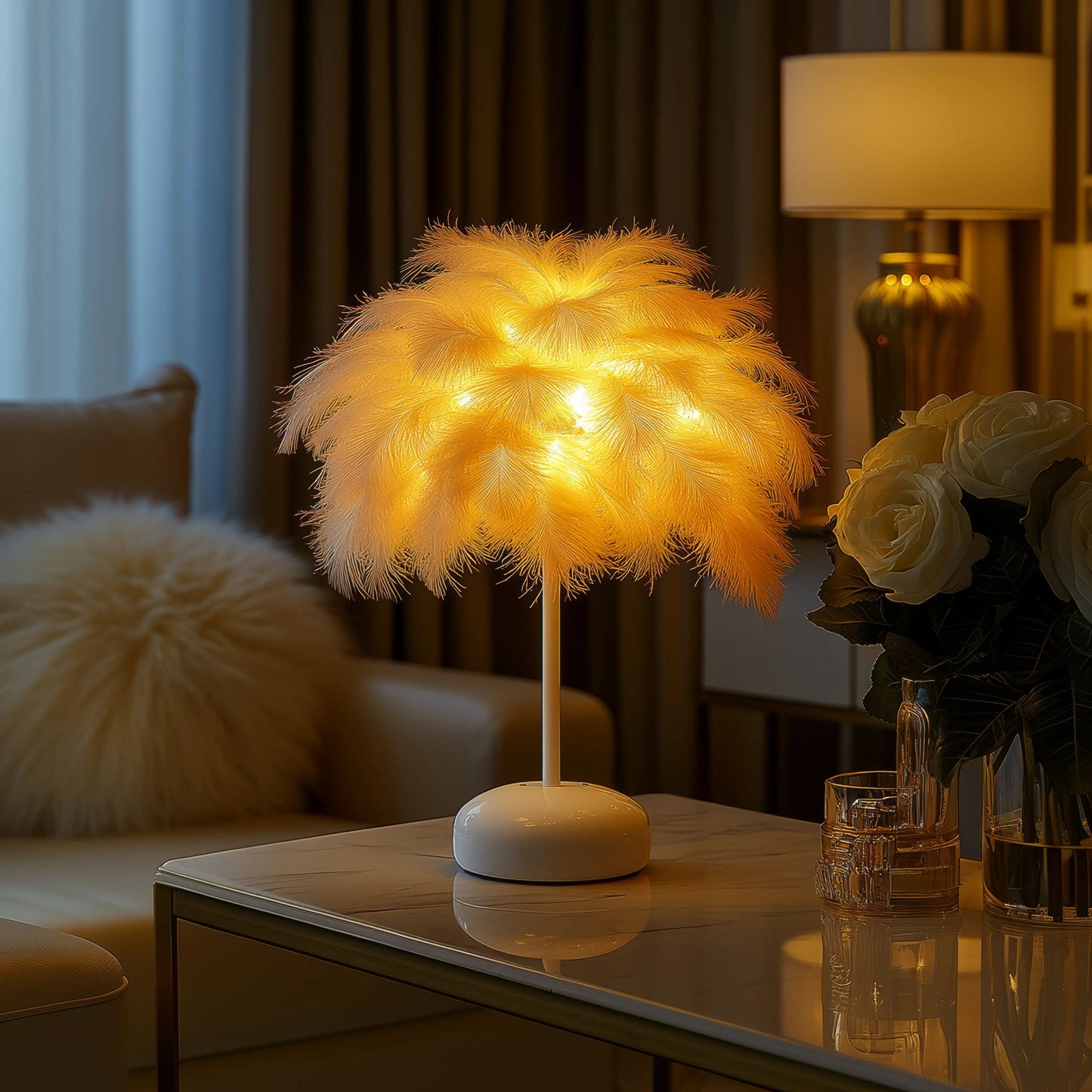 Gefiederte Fantasielampe | LED Tischlampe in Weiß 6