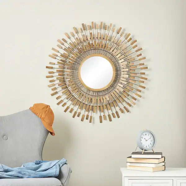 Runder Wandspiegel „Assuan“ – 81 cm Metallspiegel in Gold mit Antikfinish & Aufhängung, Vintage-Look für stilvolle Wohnräume