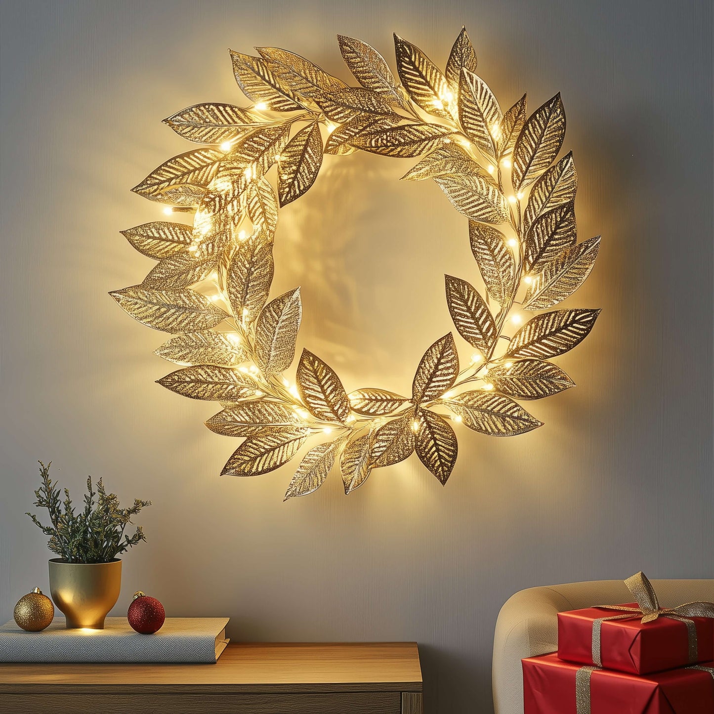 Goldener Blattkranz | Dekorative LED Lichterkette 2m 2