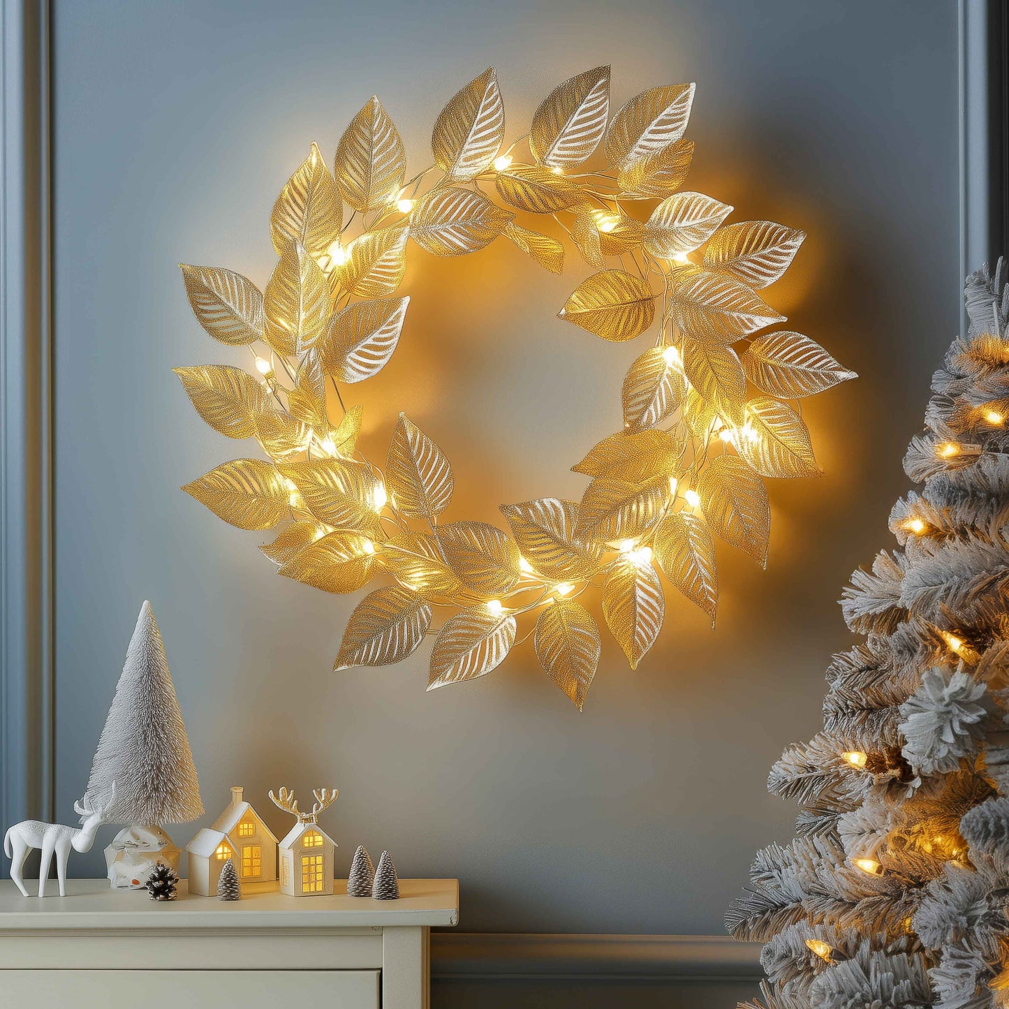 Goldener Blattkranz | Dekorative LED Lichterkette 2m 4