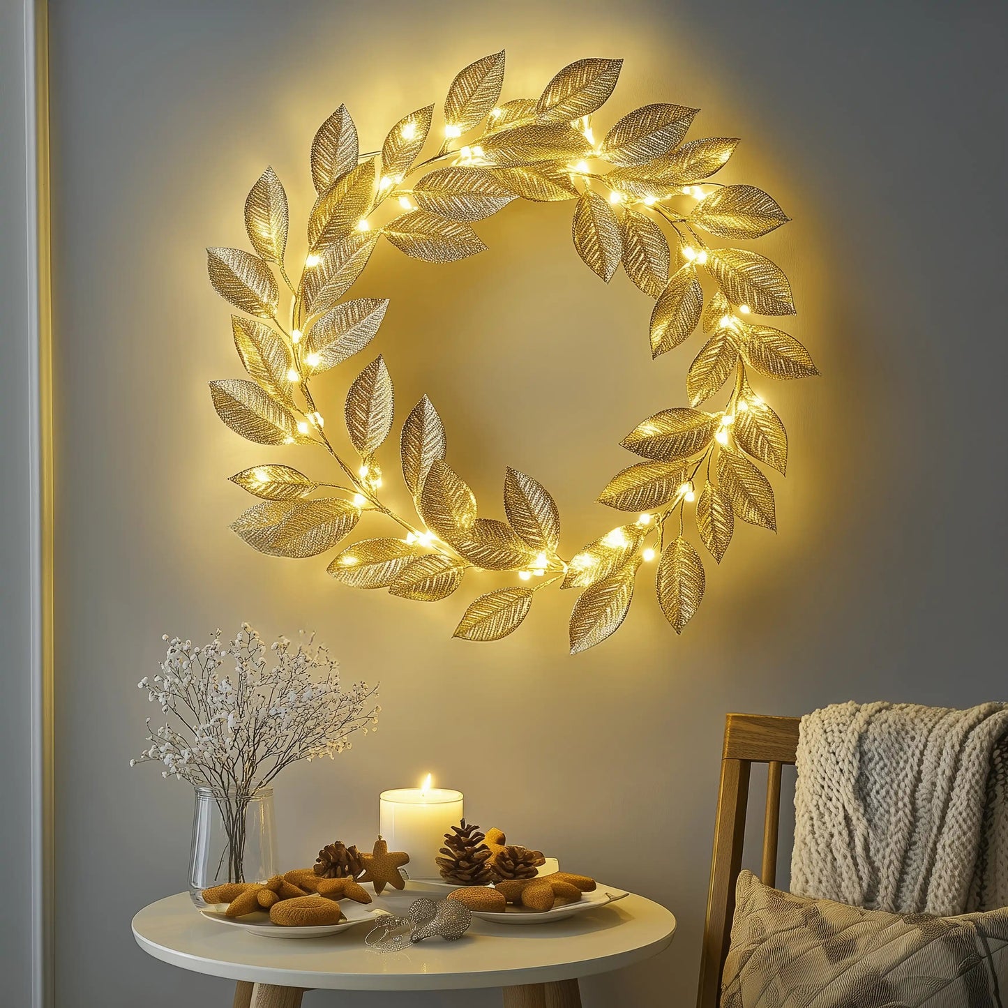 Goldener Blattkranz | Dekorative LED Lichterkette 2m 5