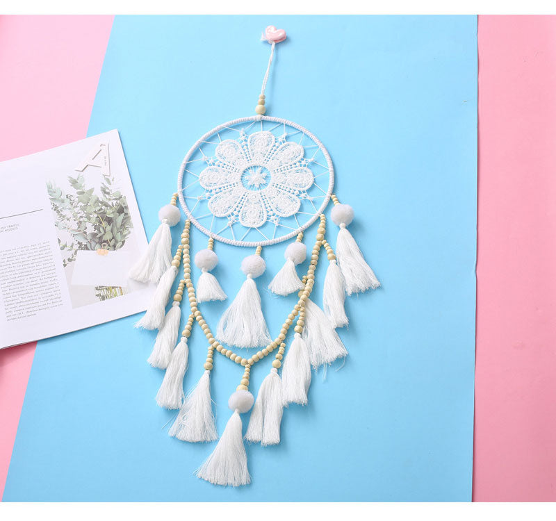 Handgefertigter Mandala-Wandaufhänger mit Häkelspitze und Holzperlen | Dekoration Wohnzimmer 65 cm-4