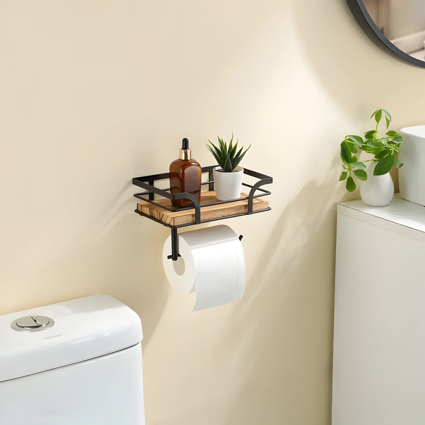 Holz-Wandregal mit Papierhalter | Badezimmer Organizer 1