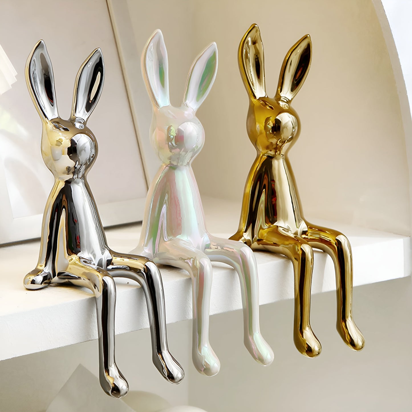 Glänzende Keramik Kaninchen Statue | Charmante Dekofigur in Gold für Wohnzimmer und stilvolle Dekoration-2