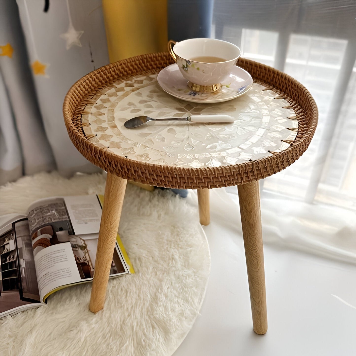 ScandiTripod Runder Couchtisch aus Rattan – Handgefertigt im Skandinavischen Stil, 35 cm x 40 cm-5