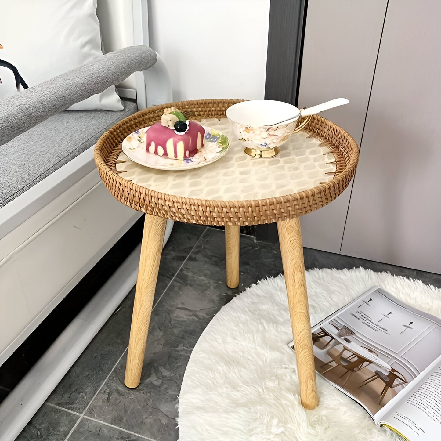 ScandiTripod Runder Couchtisch aus Rattan – Handgefertigt im Skandinavischen Stil, 35 cm x 40 cm-6