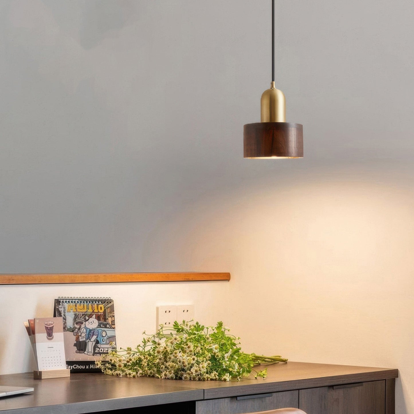 Zylindrische Pendelleuchte im Japanischen Stil | Elegante Hängelampe für Esszimmer und Wohnräume, LED E27, 5W, Messing, Ø 15cm-4