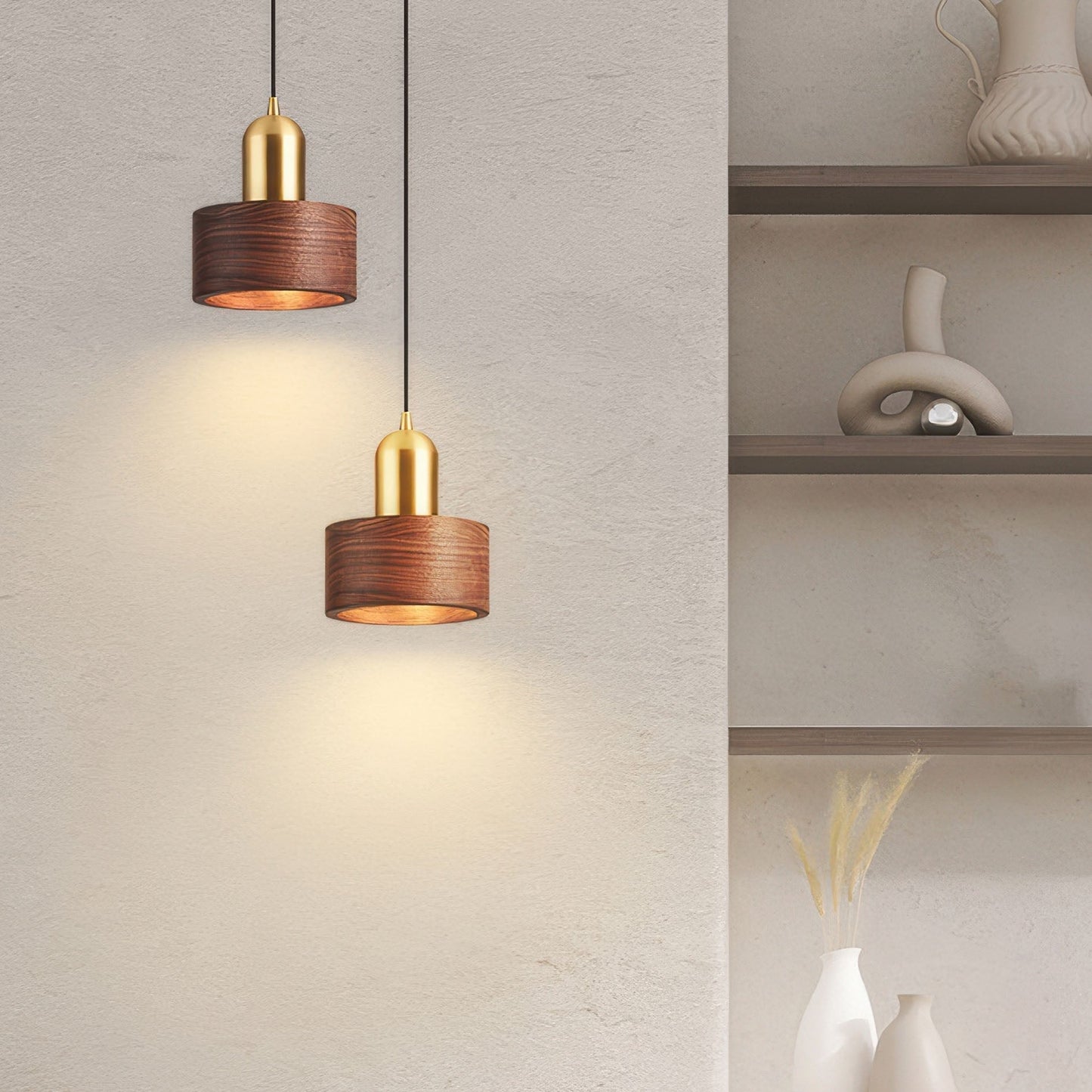Zylindrische Pendelleuchte im Japanischen Stil | Elegante Hängelampe für Esszimmer und Wohnräume, LED E27, 5W, Messing, Ø 15cm-2