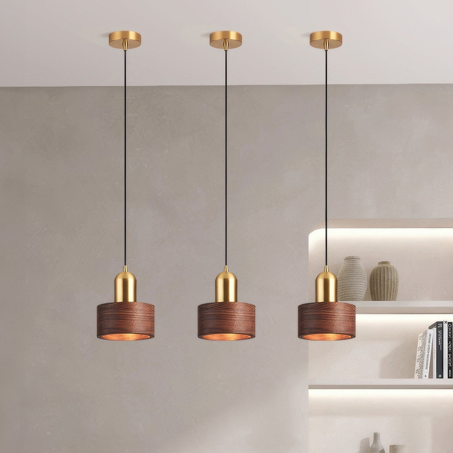 Zylindrische Pendelleuchte im Japanischen Stil | Elegante Hängelampe für Esszimmer und Wohnräume, LED E27, 5W, Messing, Ø 15cm-3
