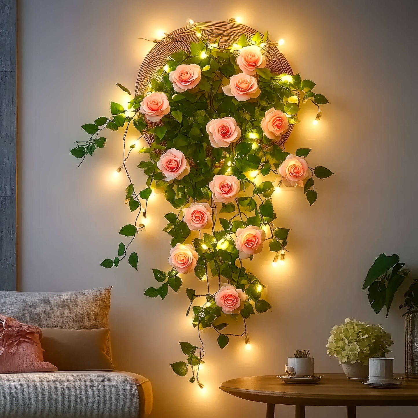 Roséfarbene Blütengirlande | LED Dekoration 2