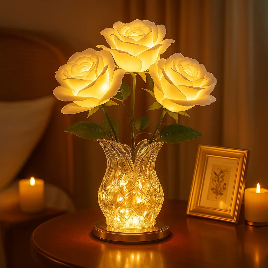Rosenlampe | LED Tischlampe mit Glasvase und Dimmer 1