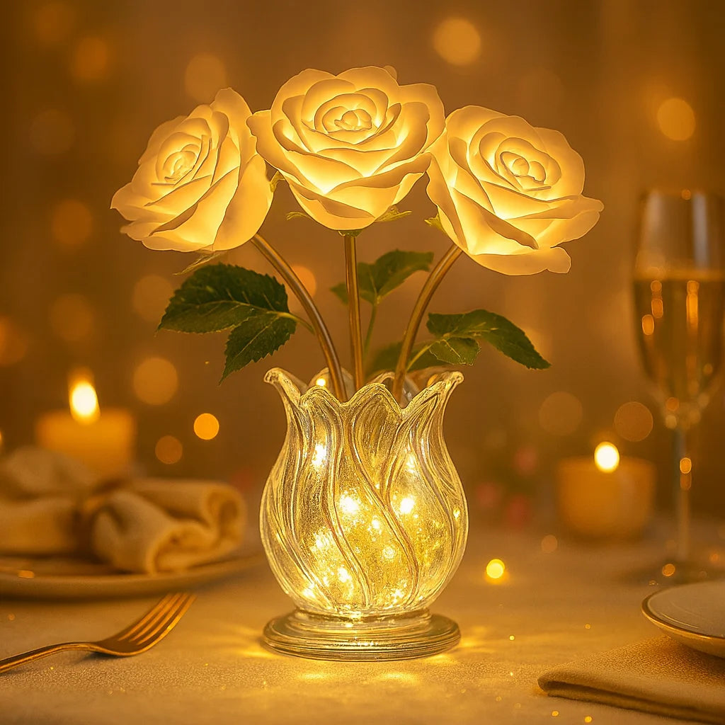 Rosenlampe | LED Tischlampe mit Glasvase und Dimmer 3