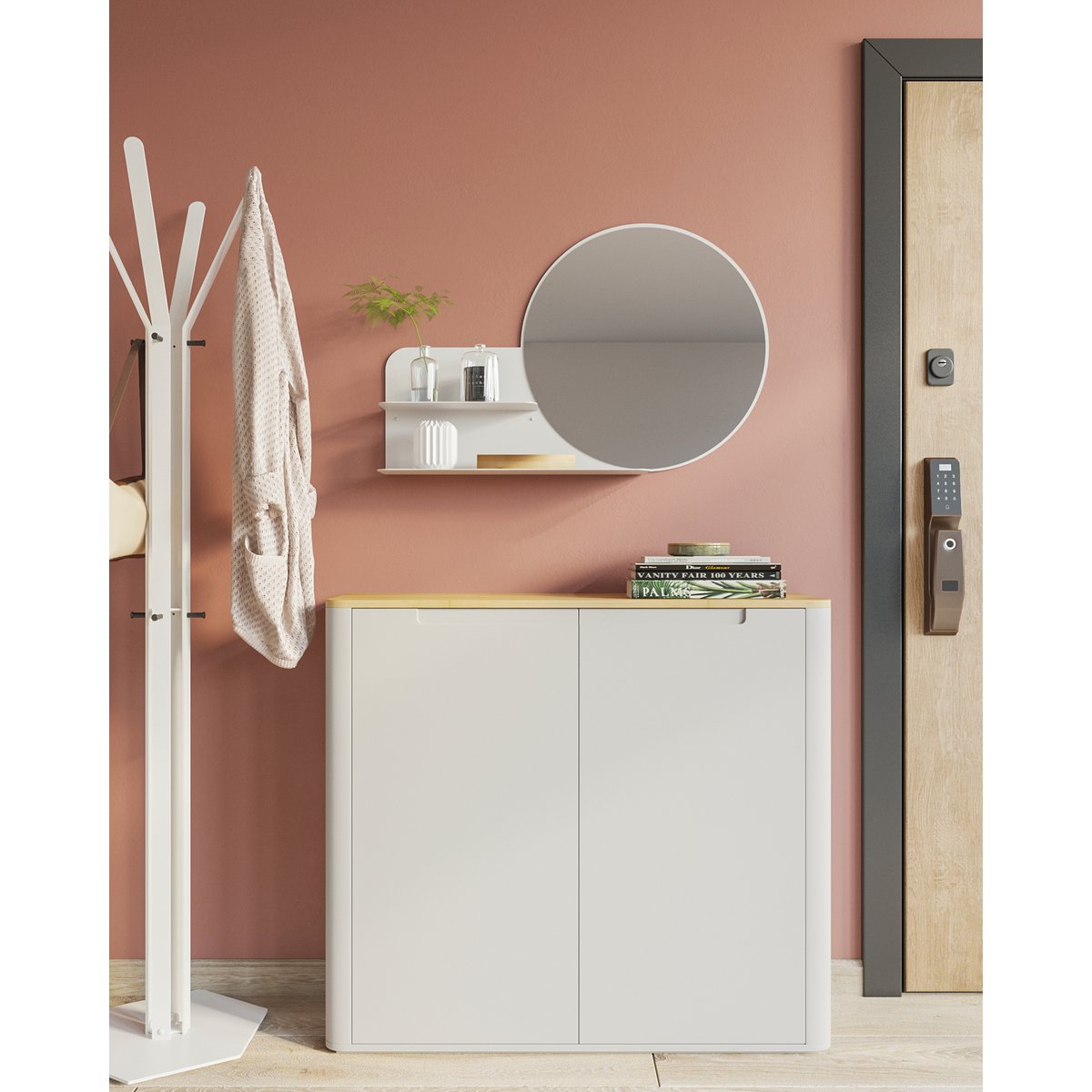 Gorillz Clever Wandspiegel – Runder Spiegel mit 2 Ablageflächen, Ø 52 cm, aus recyceltem Stahl, nachhaltig & modern