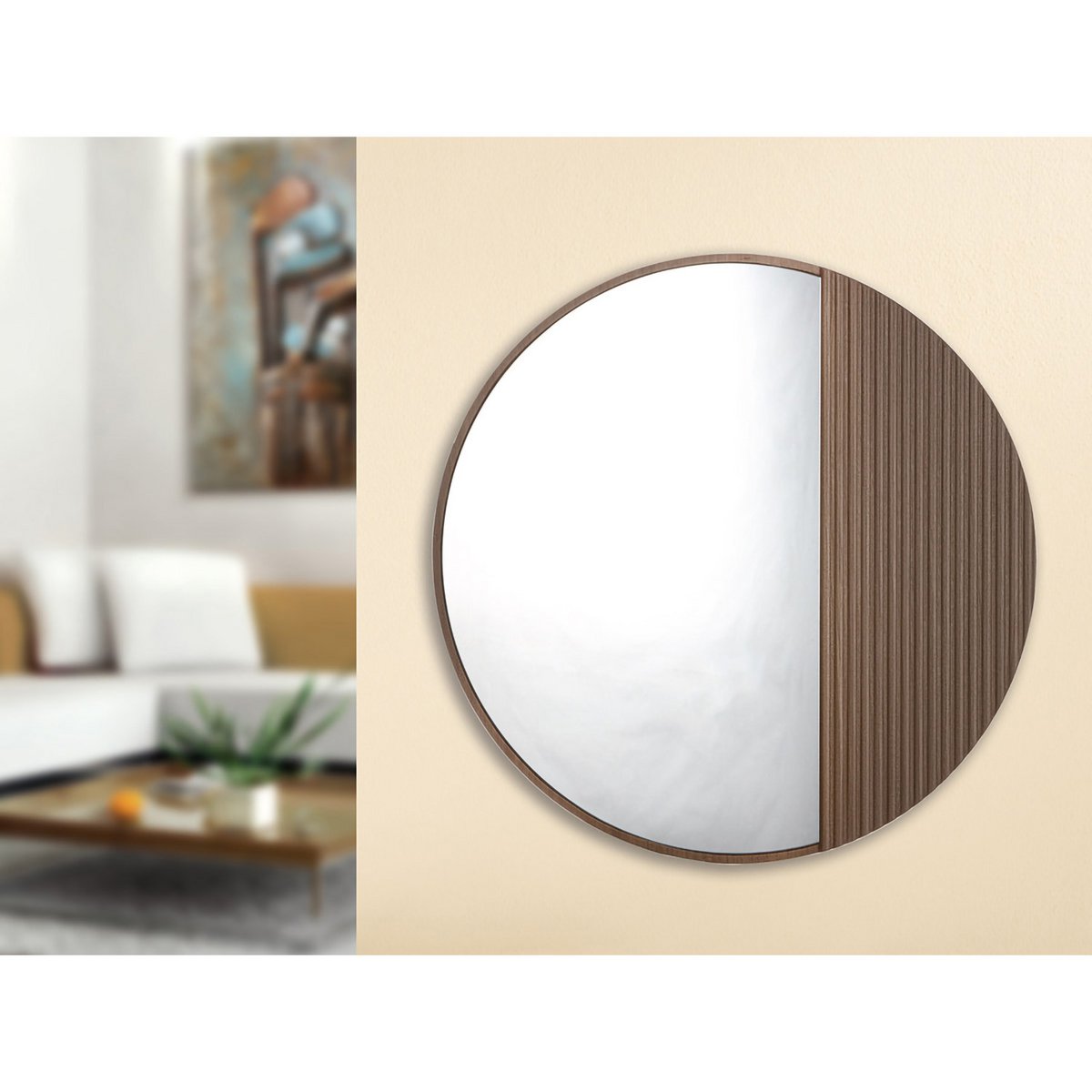 Runder Spiegel „Living“ – 70 cm Wandspiegel aus braunem MDF, modernes Design mit Aufhängung für Flur, Schlafzimmer & Wohnzimmer