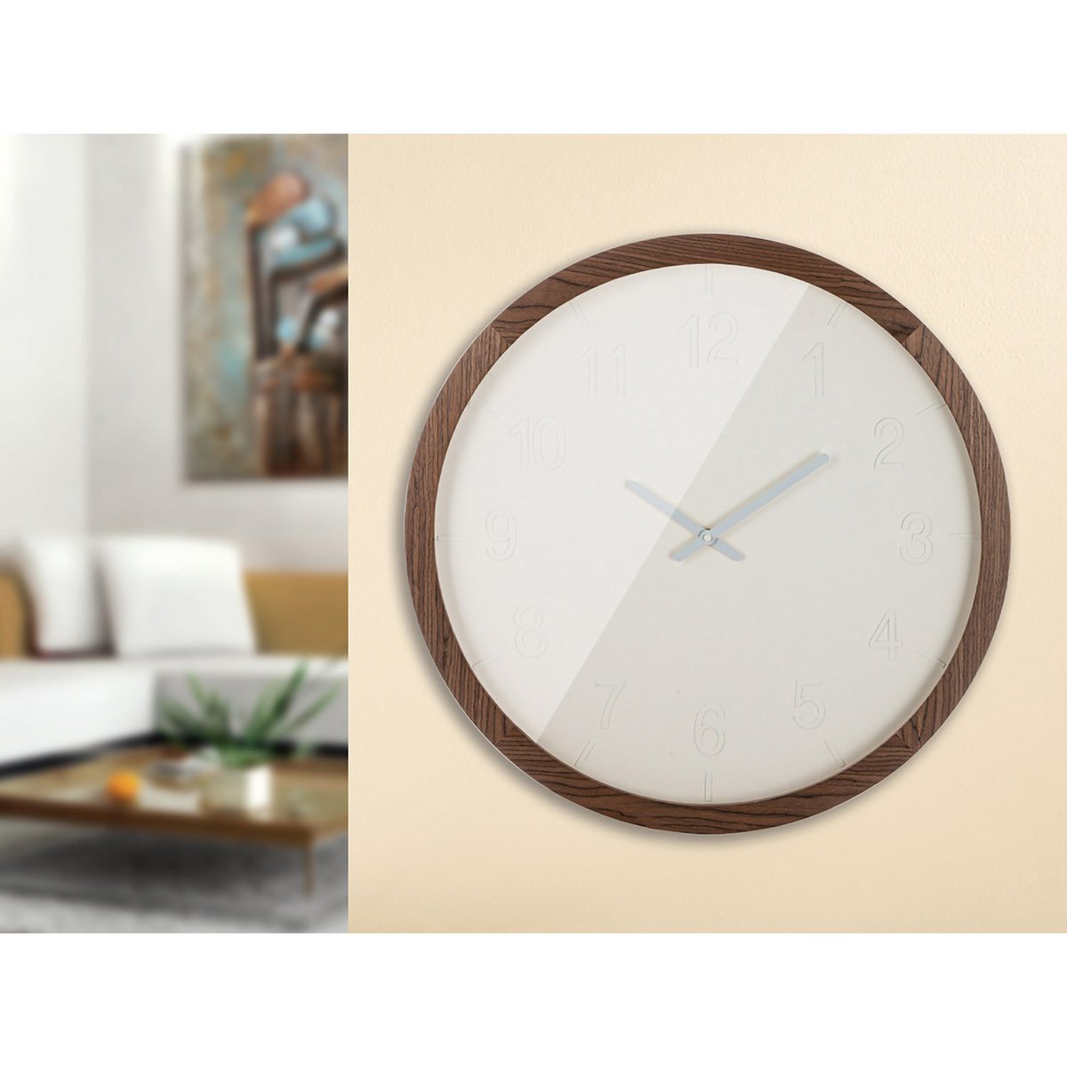 Moderne Wanduhr „Schlichto“ – 60 cm Designuhr in Weiß & Braun, aus Glas, Holz & Metall, zeitlos & elegant