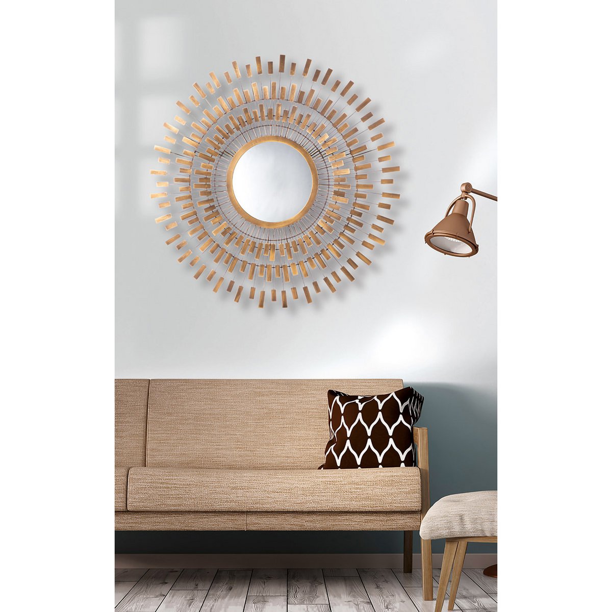 Runder Wandspiegel „Assuan“ – 81 cm Metallspiegel in Gold mit Antikfinish & Aufhängung, Vintage-Look für stilvolle Wohnräume