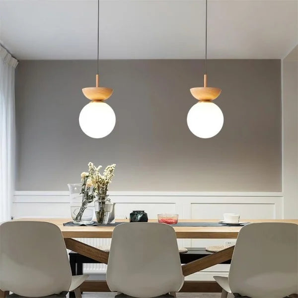 Skandinavische Pendelleuchte aus Halbholz – Minimalistische Hängeleuchte für Esszimmer und Wohnzimmer, Schwarz oder Weiß, Ø 30 cm-3