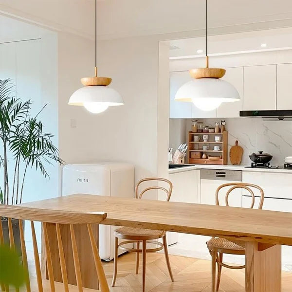 Skandinavische Pendelleuchte aus Halbholz – Minimalistische Hängeleuchte für Esszimmer und Wohnzimmer, Schwarz oder Weiß, Ø 30 cm-2