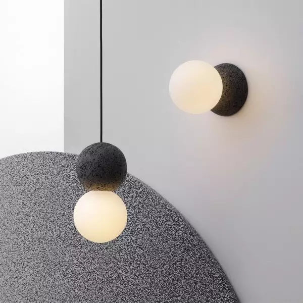 Origo Pendelleuchte aus Vulkangestein und Opalglas | Geometrische Hängelampe für Esszimmer, Schwarz, 150 cm Drahtlänge-6