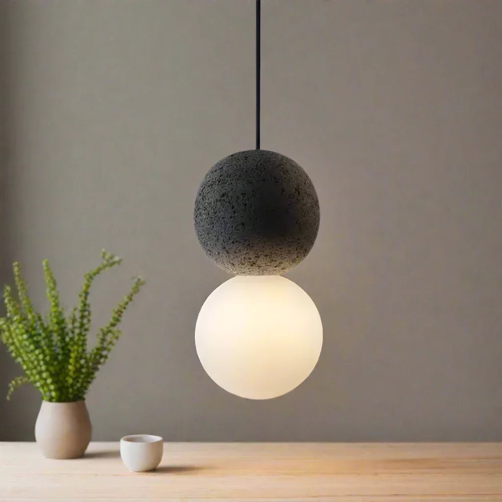 Origo Pendelleuchte aus Vulkangestein und Opalglas | Geometrische Hängelampe für Esszimmer, Schwarz, 150 cm Drahtlänge-3