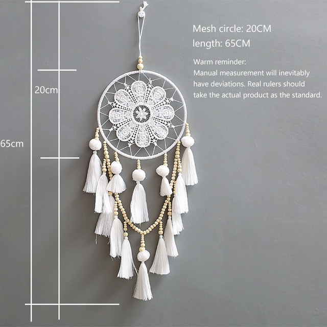 Handgefertigter Mandala-Wandaufhänger mit Häkelspitze und Holzperlen | Dekoration Wohnzimmer 65 cm-1