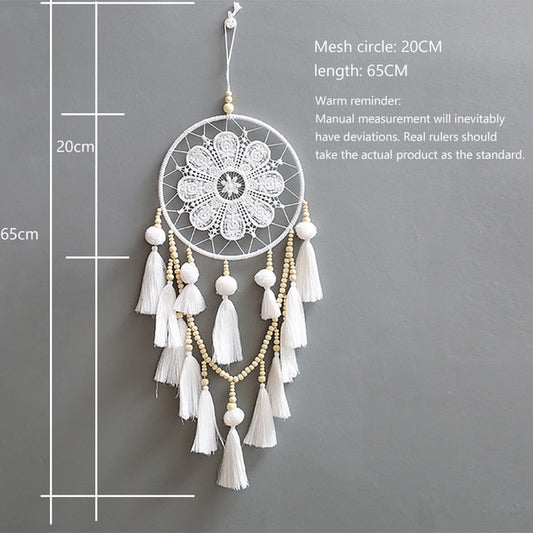 Handgefertigter Mandala-Wandaufhänger mit Häkelspitze und Holzperlen | Dekoration Wohnzimmer 65 cm-1