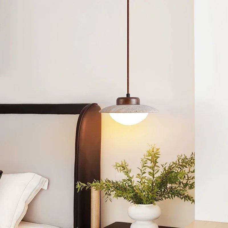 Elegante Pendelleuchte aus Stein und Holz | Vintage Hängelampe mit LED-Beleuchtung für Esszimmer und Wohnzimmer – D20cm H13cm-3