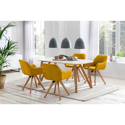 5-delige eethoek – Witte eettafel met massief houten frame & 4 gele retro gestoffeerde stoelen, 160x90 cm