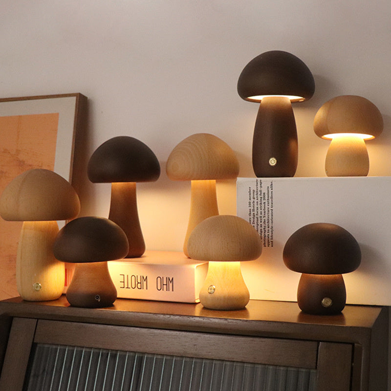 Wiederaufladbare Holzpilz Tischlampe | Berührungsempfindliche LED Nachttischlampe ohne Kabel für Gemütlichkeit-2