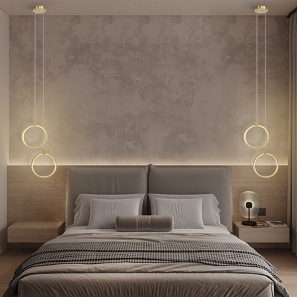 Elegante Hängelampe in Goldmessing | 2-Lichtkreis Pendelleuchte für Esszimmer und Wohnzimmer, Warmweißes Licht, Verstellbare Aufhängung-4