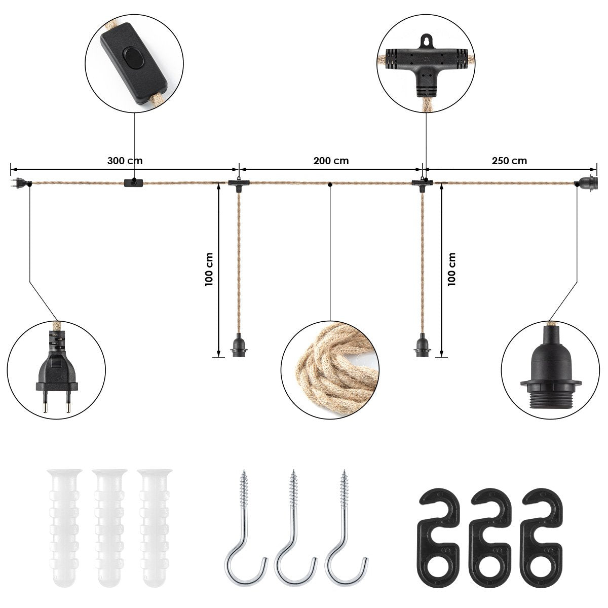 DIY-Hängelampe aus Bindfaden, L: 750 cm, H: 100 cm, 3 Stück E27-Lichtköpfe