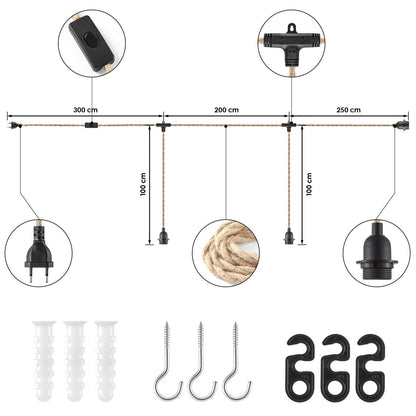 DIY-Hängelampe aus Bindfaden, L: 750 cm, H: 100 cm, 3 Stück E27-Lichtköpfe