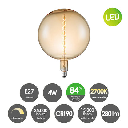 Hängelampe Chrom Vintage Globe 3 LED -dimmbar E27 bernsteinfarben