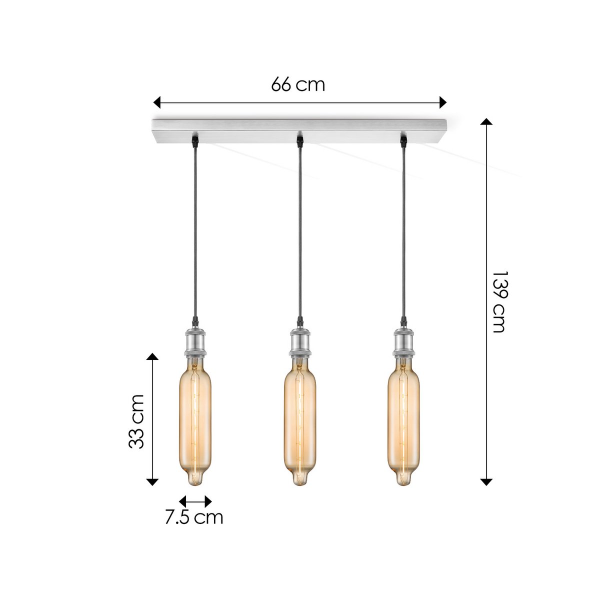 Hängelampe Chrom Vintage Tube 3L G125 dimmbar E27 Bernstein